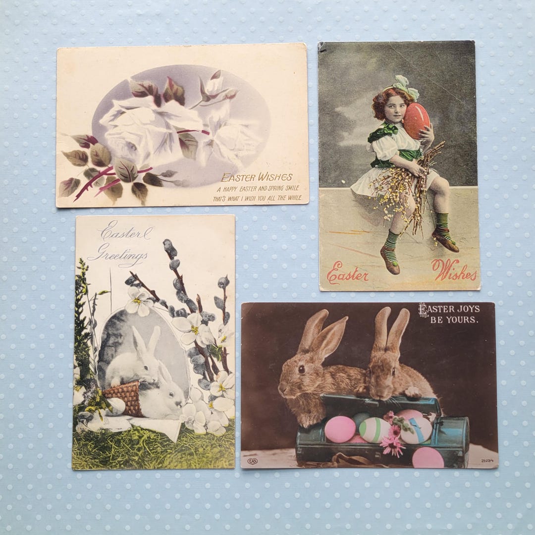 4 Antique Black & White Colorized Girl Bunnies Rose Real Photo Easter ...