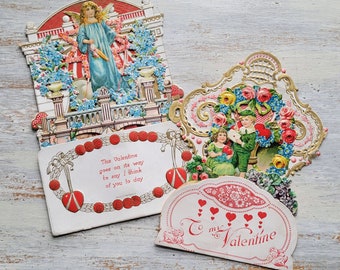 2 Vintage German Fold Out Valentine Cards Children Angel Flowers 8"