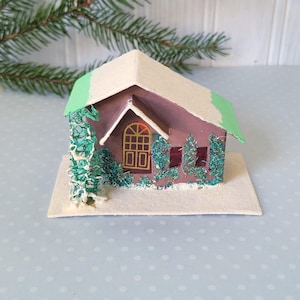Vintage Brown & Green Putz Cardboard Christmas Village House Glitter Japan