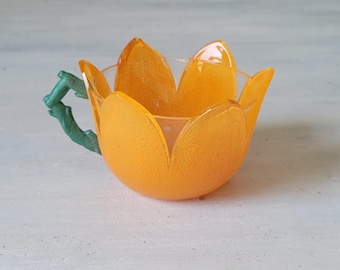 Vintage Orange Tulip Flower Glass Tea Cup w/ Vine Handle