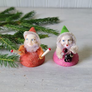 2 Elfos navideños de cartón vintage de chenilla Putz, elfos japoneses