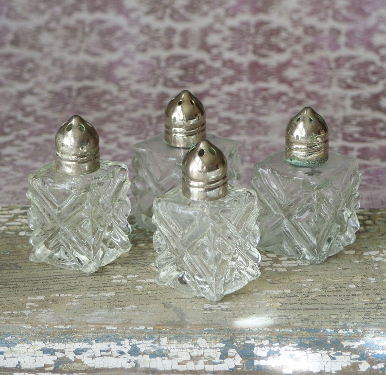 4 Vintage Mini Clear Cut Glass Salt and Pepper Shakers Etsy