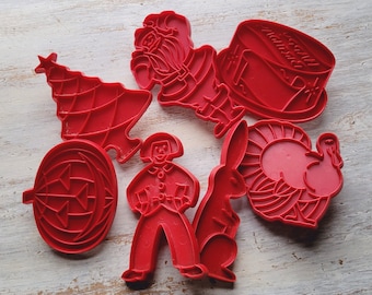 7 Vintage Red Plastic Holiday Cookie Cutters Christmas Halloween Thanksgiving Easter