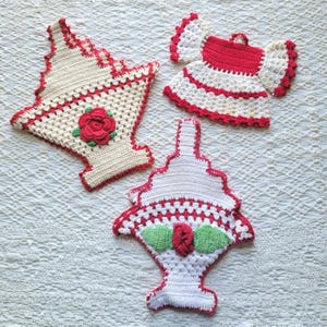 Vintage Handmade Crochet Doll Dress & Basket Potholders - Set of 3