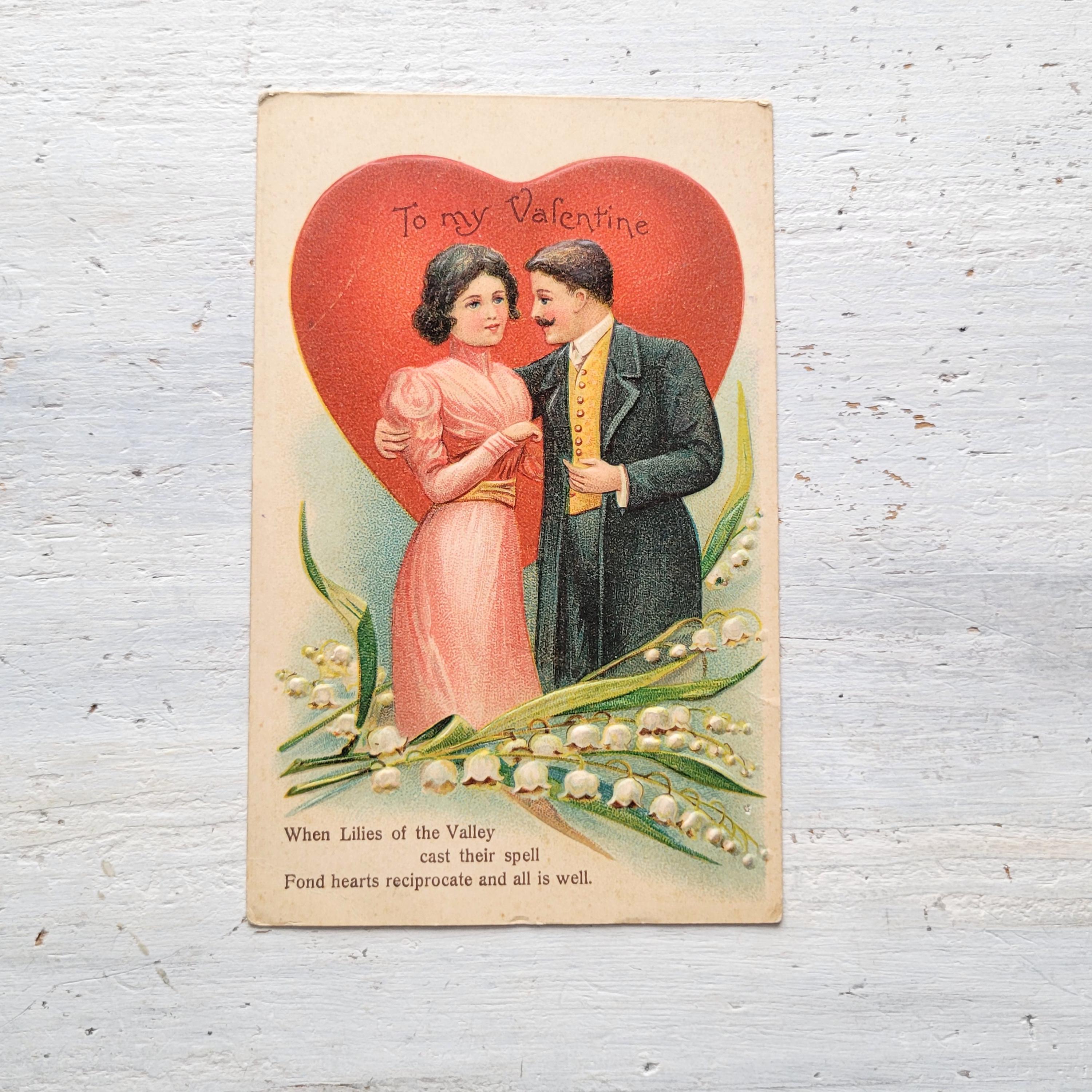 Antique Valentine's Day Postcard Man Woman Lillies of the Valley
