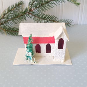 Vintage White & Red Putz Cardboard Christmas Church Village House Glitter Japan