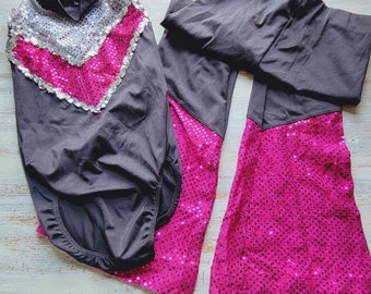 Vintage Hot Pink Black Girls Dance Costume Bodysuit Pants Sequins Large