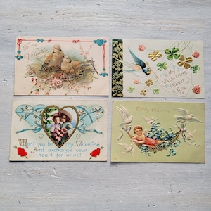Lot de 4 cartes postales anciennes pour la Saint-Valentin, Cupidon, oiseaux, colombes, coeur, fleurs