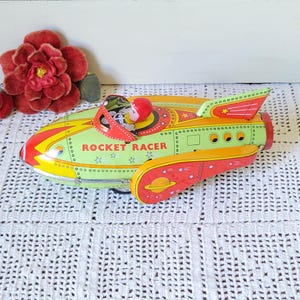 Vintage Schylling Collector Series Rocket Racer Tin Toy - Friction Powered Retro Space Ship - Nostalgic Litho Toy