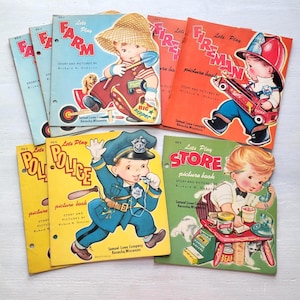 May include: A selection of vintage children's picture books with vibrant illustrations. Titles include "Farm," "Fireman," "Police," and "Store." Each book features a charming illustration of a child in a playful setting.