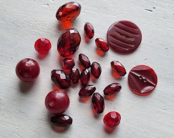 21 pc Vintage Ruby Red Faceted Beads and Buttons for Crafts Celluloid