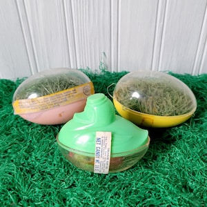Vintage Rosen Easter Hard Plastic Duck & Egg Candy Containers + Tiny Grass