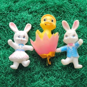 3 vintage blaasvorm plastic paaskuiken en konijntjes