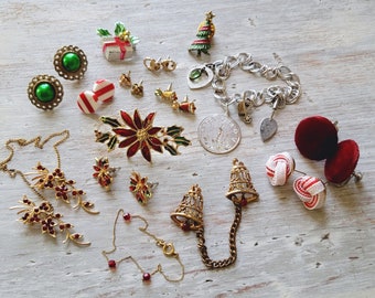 Vintage Christmas Jewelry Charm Bracelet Sweater Pins Pierced Earrings Lot