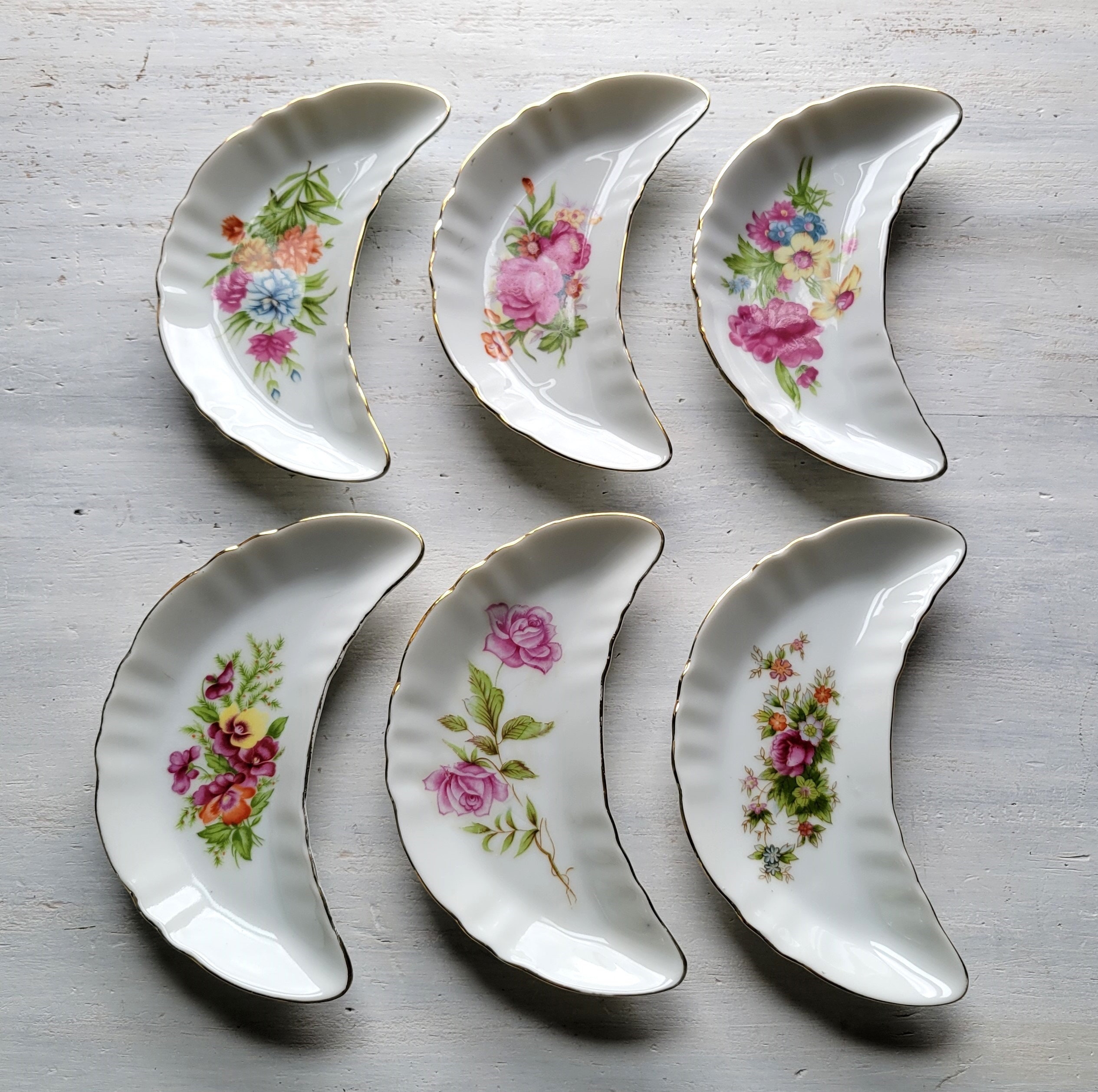 6 Vintage Half Moon Shaped Floral Trinket Trays Candy Dishes Japan 