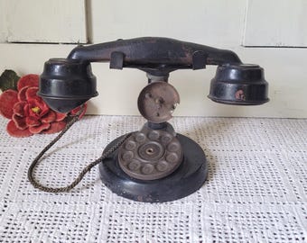 Vintage Black Toy Rotary-Style Telephone with Handset Antique Desk Phone for Parts Repair or Steampunk Decor