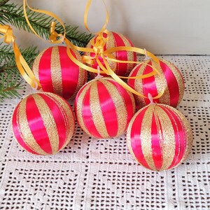 6 Vintage Red Satin & Gold Glittered Thread Plastic Christmas Ornaments
