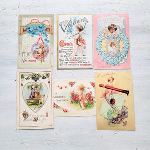 Lot de 6 cartes postales anciennes pour la Saint-Valentin, coeurs de Cupidon en relief