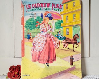 Libro para colorear de muñecas de papel recortables de la época colonial de Nueva York de los años 50, sin usar - Saalfield #4411