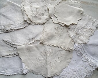 12 Vintage Round White Linen Lace Doily Lot Open Centers