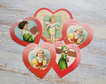 5 Antique 1913 Heart Shaped Valentine Cards with Children Germany