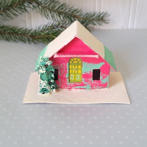 Villaggio natalizio vintage in cartone Putz rosa e verde, con glitter, Giappone