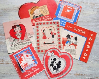 7 Vintage Children's Valentine Cards Red & Blue Hearts Windows