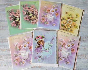 6 Unused Vintage Greeting Cards Girl Unicorn Birds Flowers Pastels