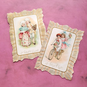 2 cartes vintage victoriennes en relief pour la Saint-Valentin, couple, vélo