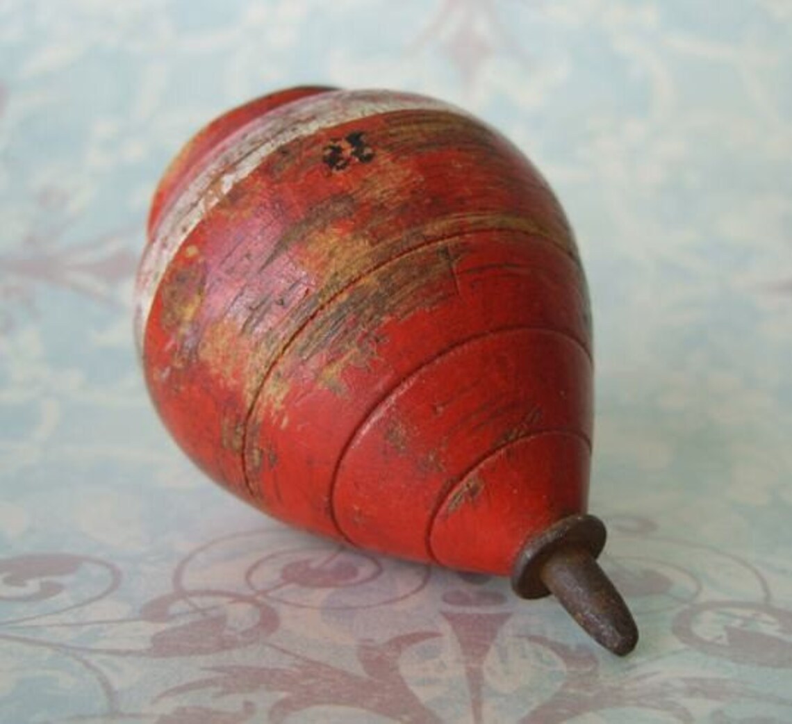 Antique Red Wooden Spinning Toy Top Metal Tip Etsy