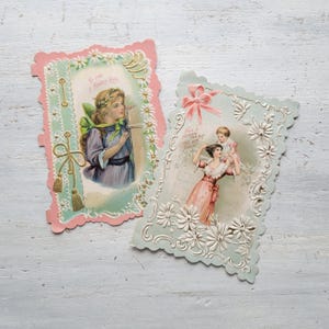 2 Antike viktorianische geprägte Valentinskarten Mutter & Kind 12,5 cm