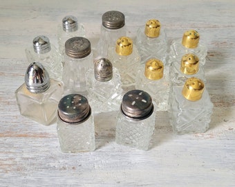 14 Miniature Glitter Shakers Glass Plastic Salt & Pepper Vintage