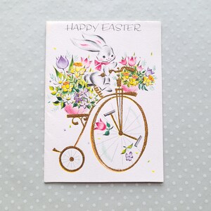 Carte de voeux de Pâques de Pâques avec lapin sur grande roue, vintage 1960 Art Guild