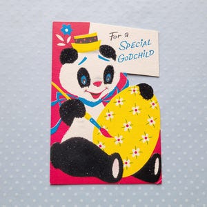 Vintage 1960 Panda Bär Malerei Ei Patenkind Ostergruß Karte Norcross