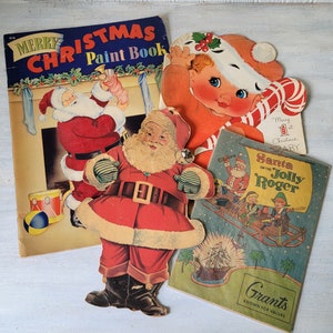 Vintage Santa Claus Paint Book Baby Card floqué Die Cut Grant's Gifts Lot