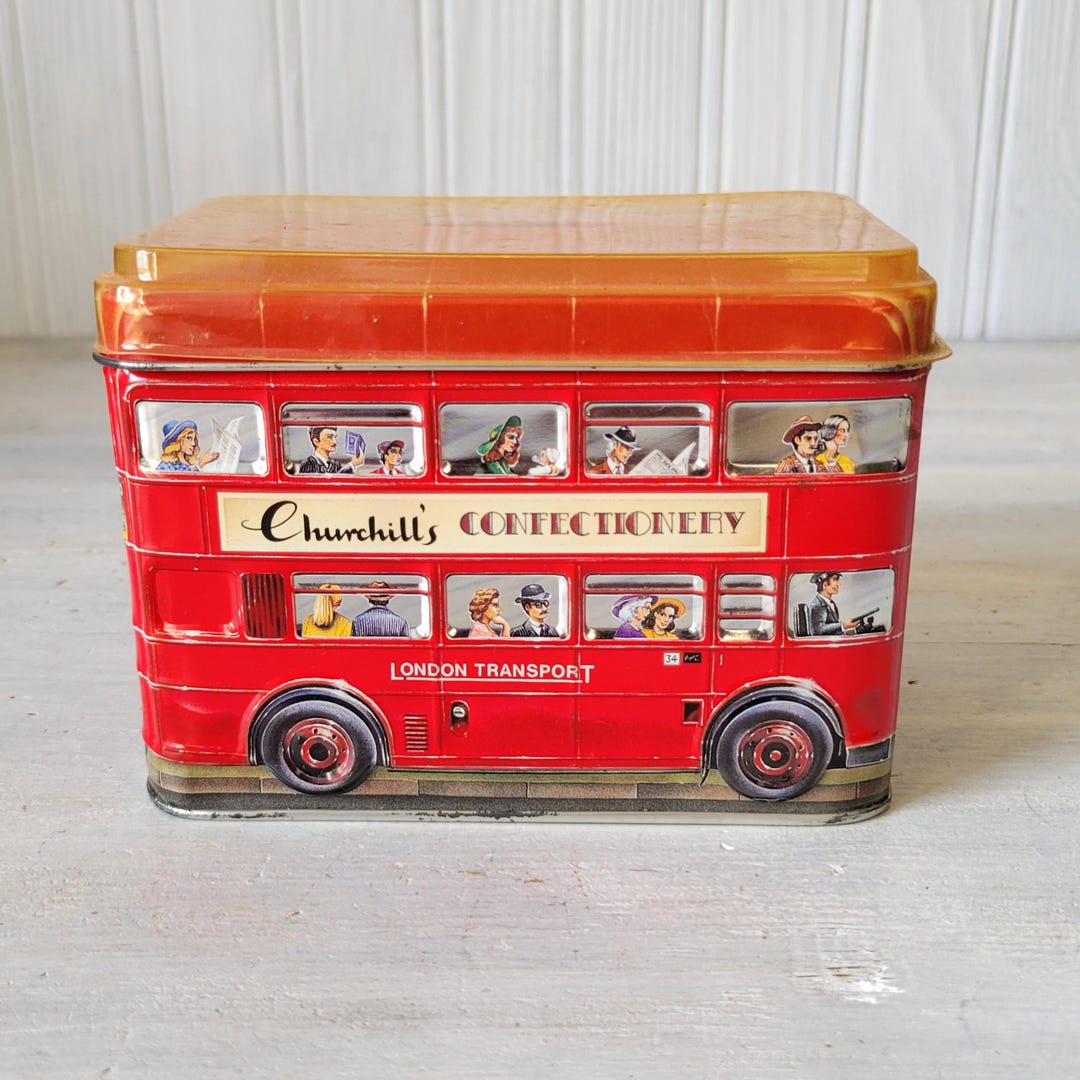Vintage Double Decker Bus Coin Bank Churchill's Confectionery Tin Candy ...