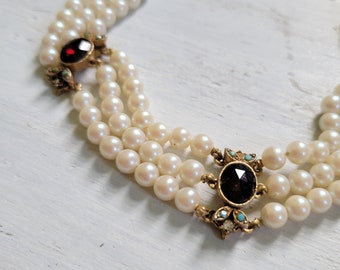 vintage Collier ras de cou Florenza perles imitation rubis et strass