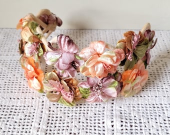 Vintage Millinery Floral Headband - Pastel Pansy Flower Crown - Soft Peach Lavender & Green Cottagecore Hair Accessory