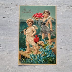 Cartões postais antigos Cupidos Corações Flores Em relevo Alemanha