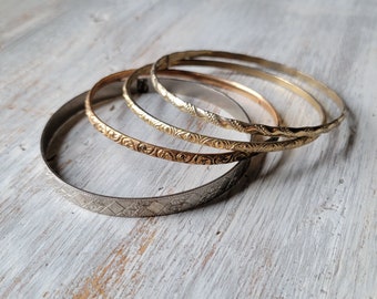 4 Vintage Metal Bangle Bracelets w/ Fancy Designs