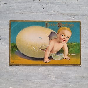 Carte postale de Pâques ancienne éclosion d'un bébé à partir d'un oeuf