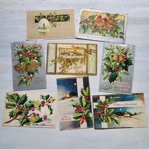 8 cartoline di Natale antiche con uccellini di agrifoglio panoramici