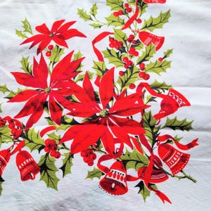 Toalha de mesa de Natal vintage de linho com poinsétia dos anos 1950