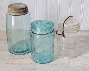 3 Vintage Canning Jars Atlas Mason's Patent Improved Pat'd E-Z Seal Wire Bail Aqua Blue Clear