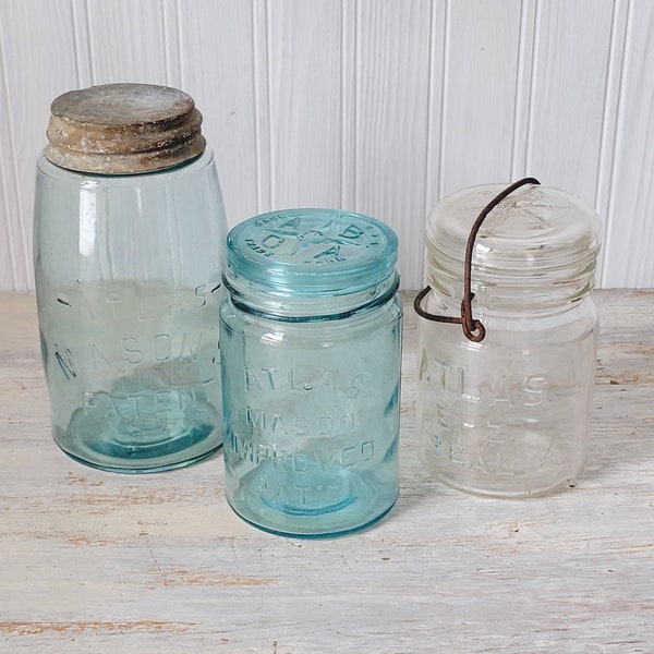 3 Vintage Canning Jars Atlas Mason's Patent Improved Pat'd E-Z Seal Wire Bail Aqua Blue Clear