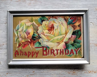 Vintage Happy Birthday Postcard Roses in Silver Frame