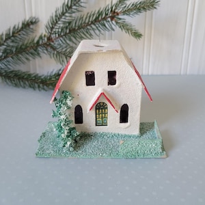 Vintage White & Red Putz Cardboard Christmas Village House Glitter Japan