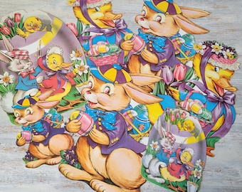 7 Vintage Die Cut Cardboard Easter Decorations Bunnies Chicks Eggs 12"