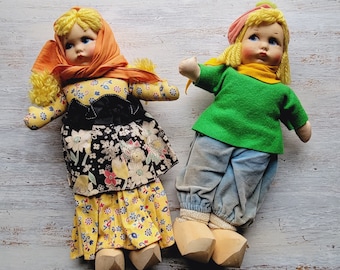 Vintage 1940's Cloth Dutch Boy & Girl Dolls Wooden Shoes 11"