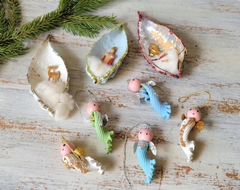 8 Hand Made Vintage Christmas Ornaments Angels Milkweed Pods